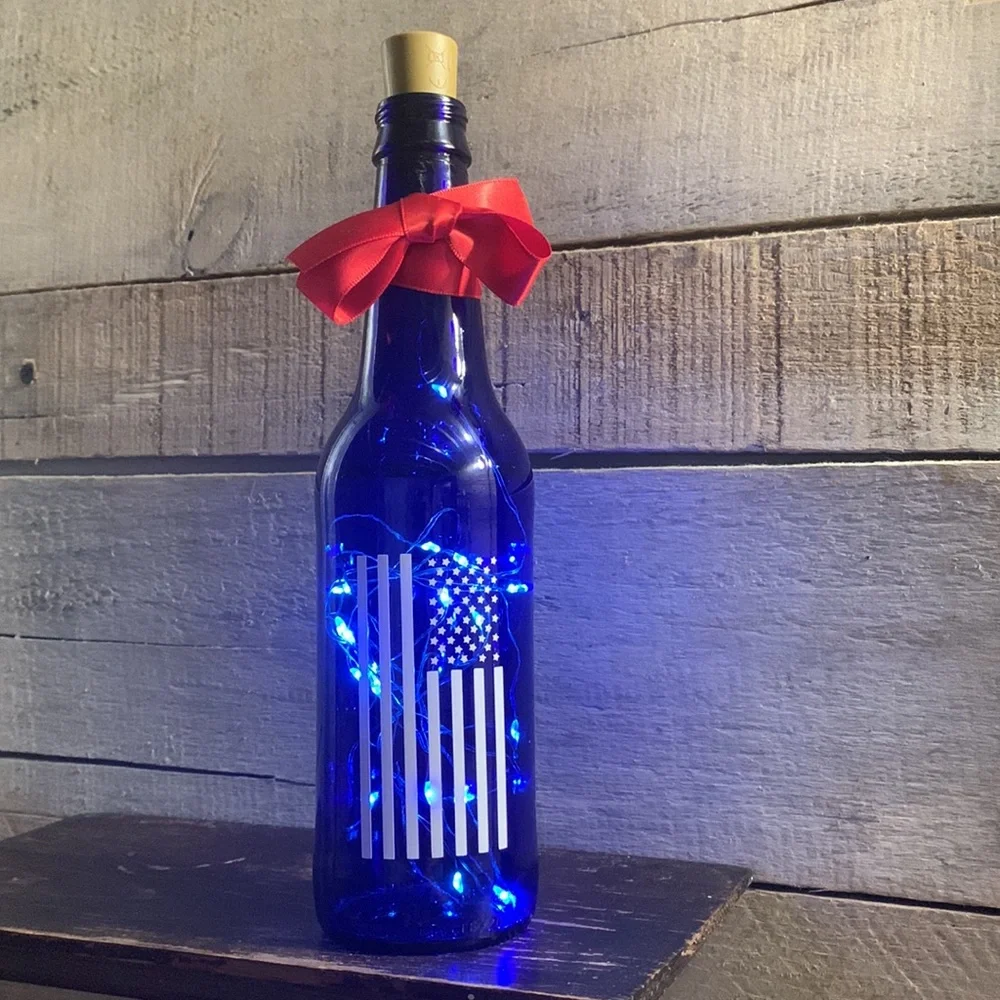 Handcrafted -Blue Bottle lantern with American Flag Design